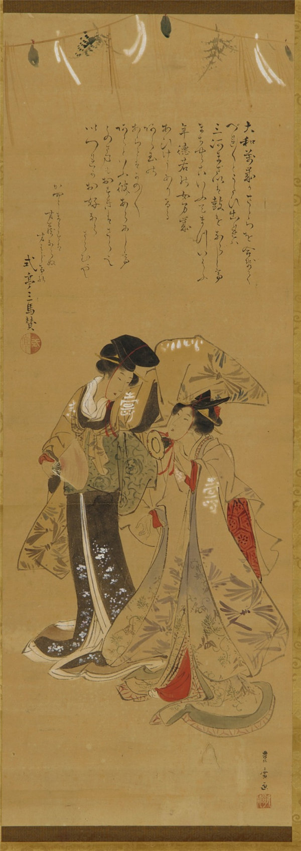 歌川豊広 (1773-1828)-两个女孩打扮成万岁表演者 绘画作品