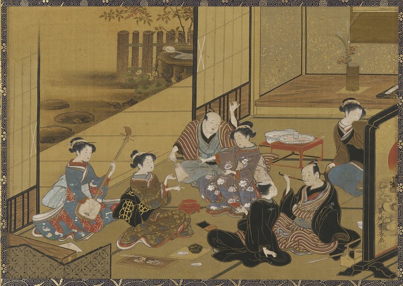 歌川丰春（1735-1814）-与艺妓和客户聚会的室内场景 绘画作品