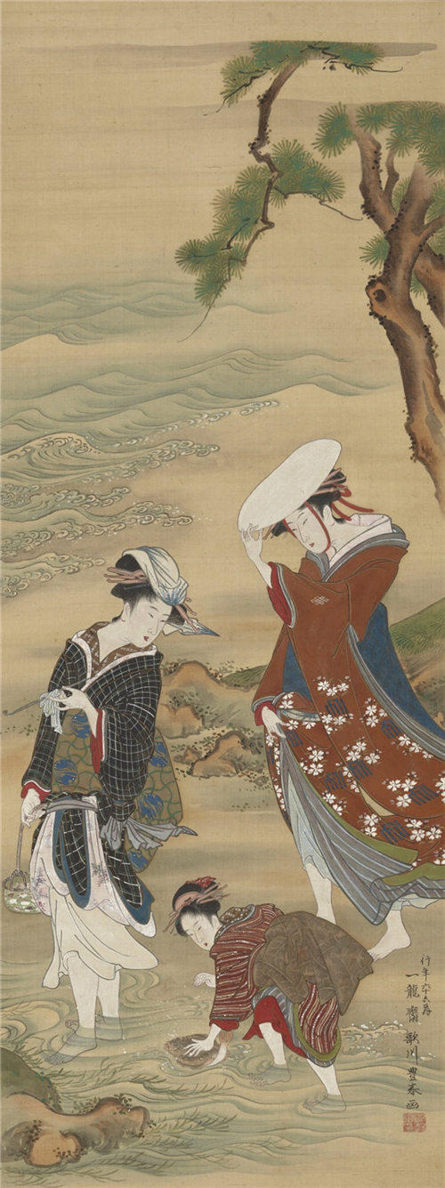 歌川丰春（1735-1814）-海边的两个女人和一个女孩
