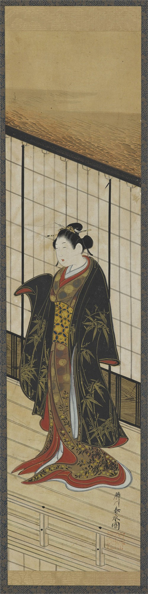 胜川春水 (1744-1764)-站在二楼阳台上的女人绘画作品