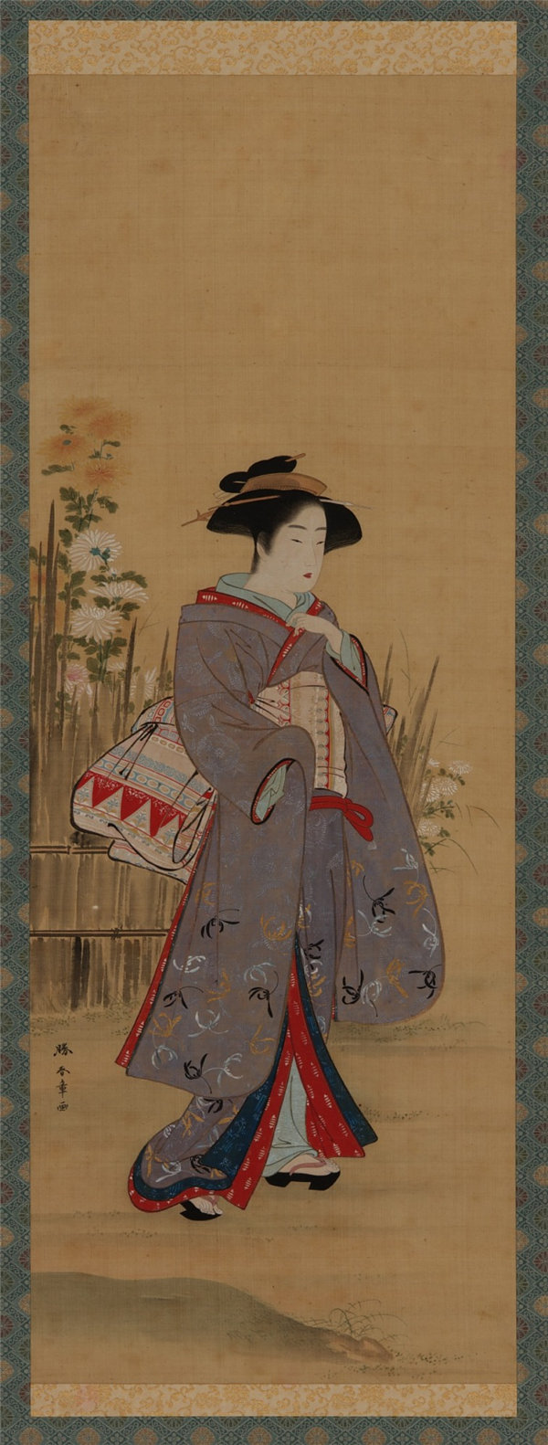 胜川春章 (1726-1792)-围栏花园附近的女人绘画作品