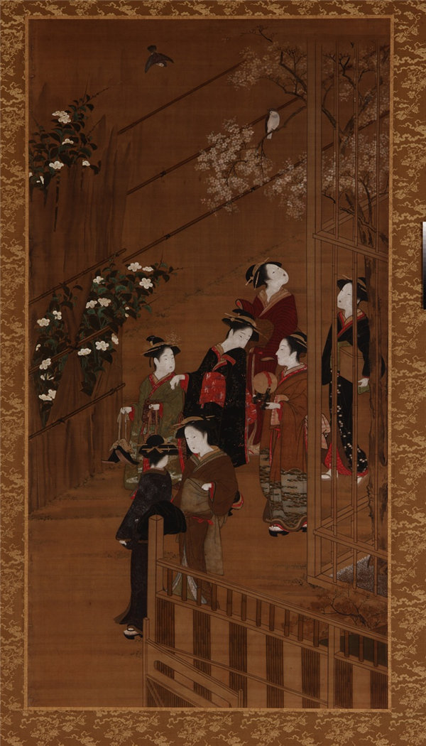 胜川春章 (1726-1792)-七名女子在足球场附近散步绘画作品