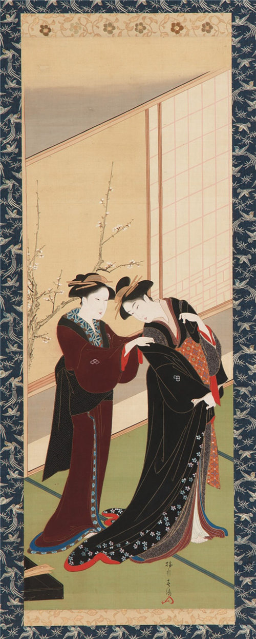 胜川春潮（1780-1795 年）-内景：女人帮女孩穿衣服绘画作品
