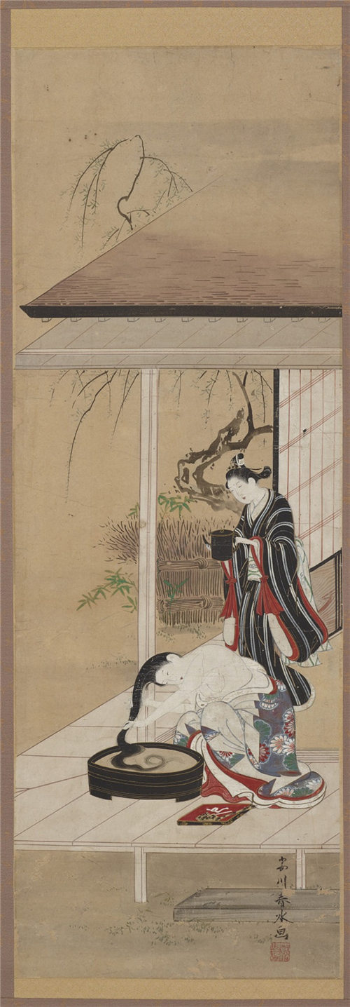 胜川春水 (1744-1764)-女人和服务员一起洗头发绘画作品