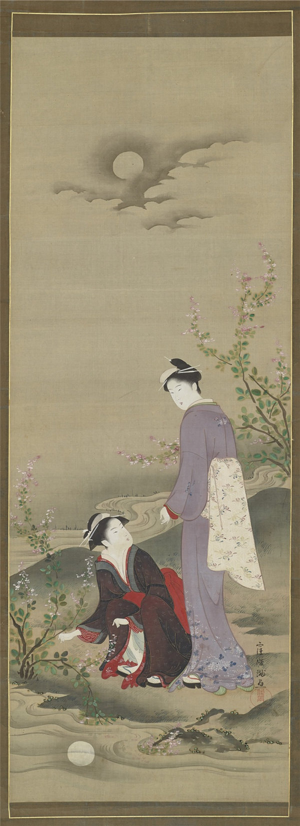 久保舜满洼俊満（1757-1820）-秋天：两个女人凝视着月亮的倒影绘画作品