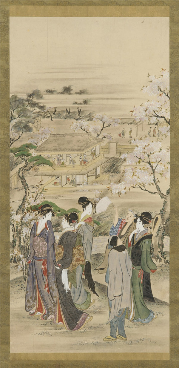 葛饰北斎（1760-1849）-风景：看樱花的男女聚会 绘画作品
