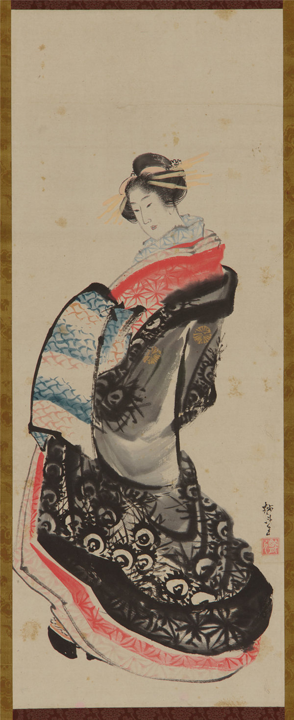 葛饰北斎（1760-1849）-一个妓女站着绘画高清作品