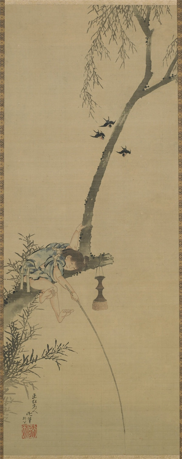 葛饰北斎（1760-1849）-从树枝上钓鱼的男孩 绘画作品