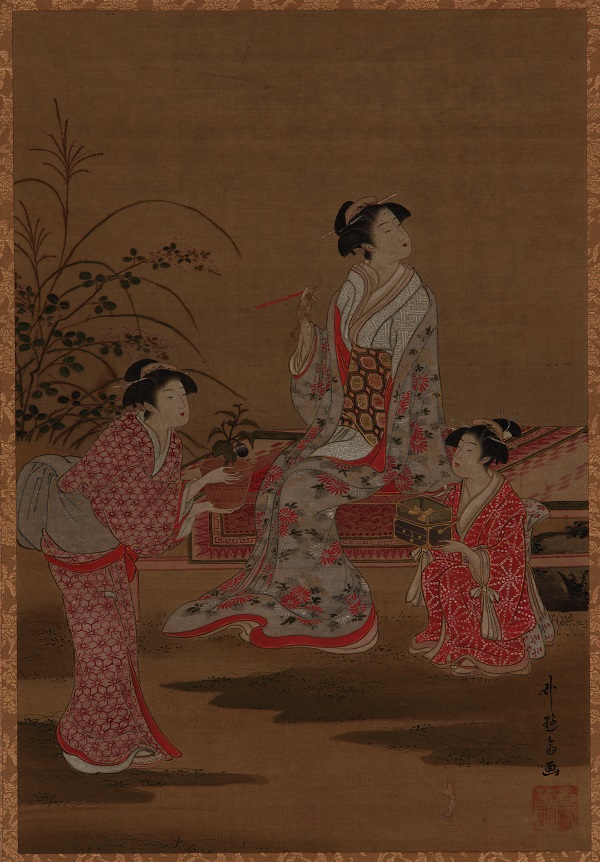 小林文七 (1861-1923) -年轻女子和两名女服务员坐在花园里绘画