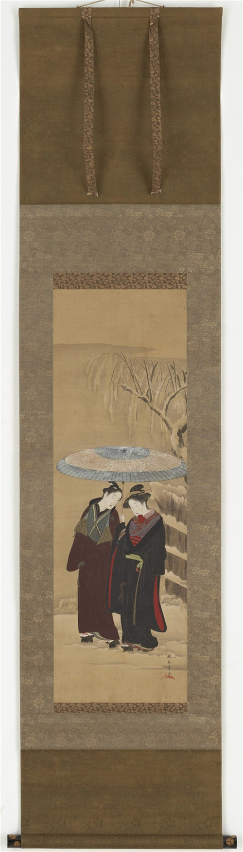 胜川春章 (1726-1792)-一个女孩和一个男人在雪地里行走绘画作品