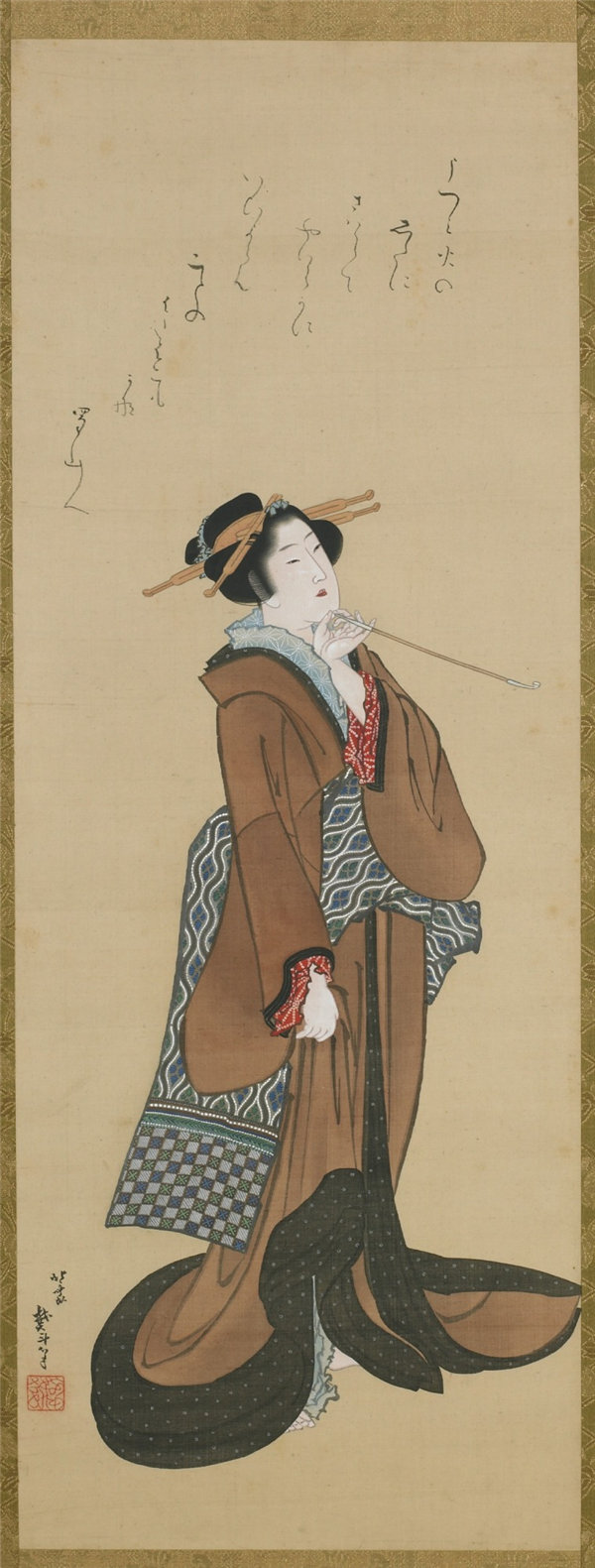 葛饰北斎（1760-1849）-拿着烟斗的女人绘画作品