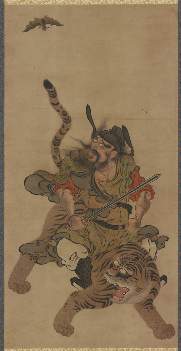 小林文七 (1861-1923) -钟馗 (Shoki) 骑虎难下绘画作品