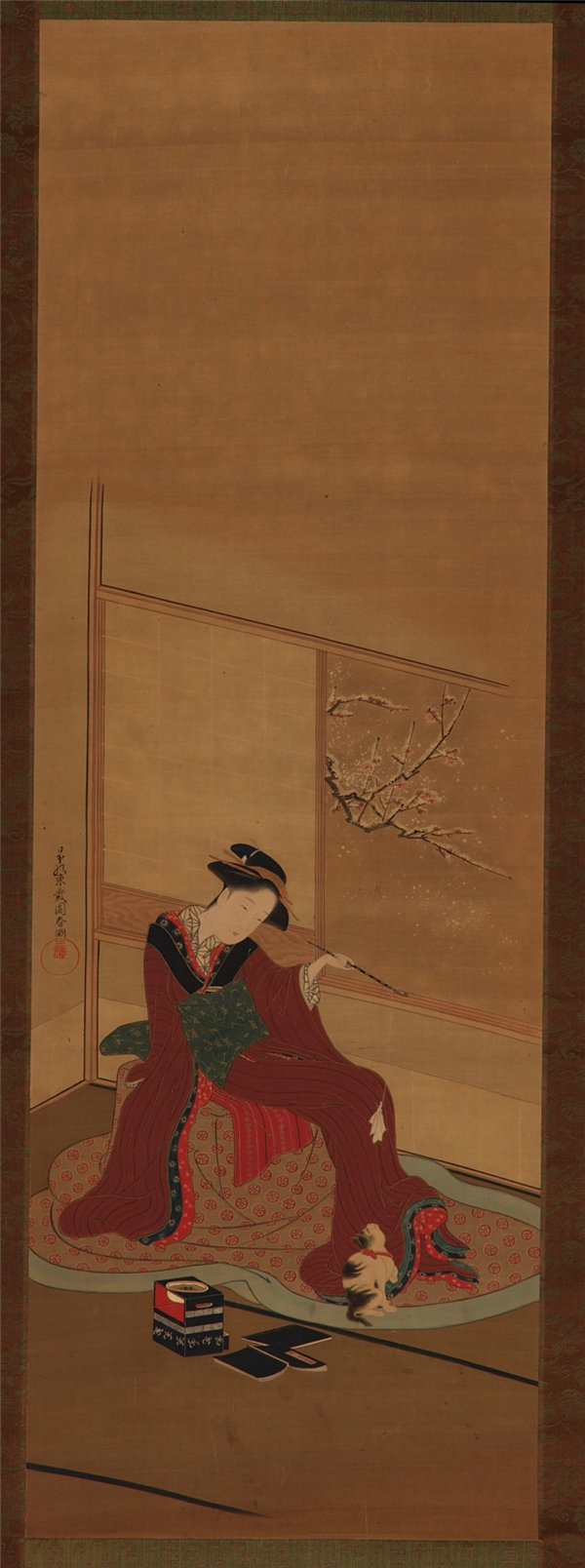 胜川春潮（1780-1795 年）-一个女孩和一只小猫绘画