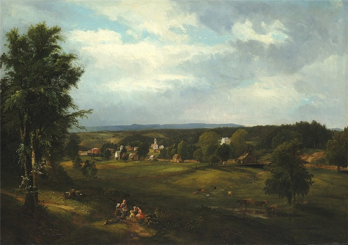 詹姆斯·哈特 (James M. Hart)-纽约奥尔巴尼附近的村庄场景油画