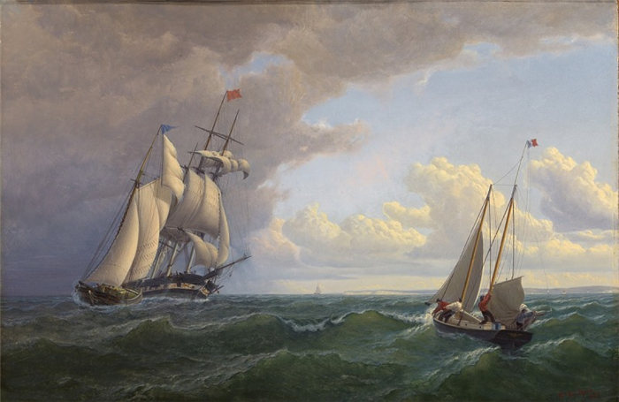 美国画家威廉·布拉德福德 (William Bradford)-葡萄园外的捕鲸船油画