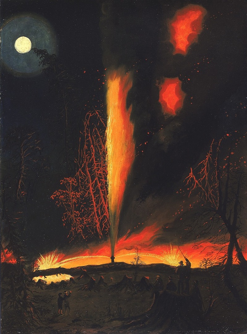 詹姆斯·汉密尔顿（James Hamilton）-晚上在宾夕法尼亚州鲁斯维尔附近燃烧油井油画
