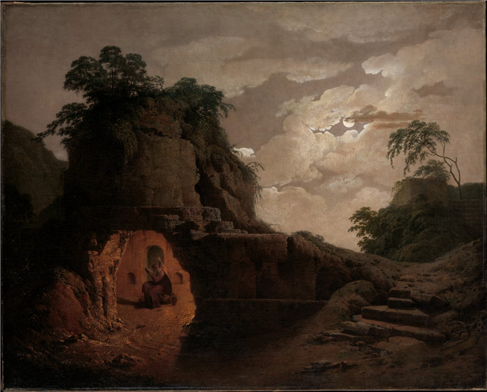 德比郡的约瑟夫·赖特（Joseph Wright of Derby）-月光下的维吉尔 英国油画.