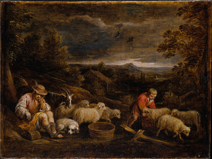 大卫·特尼尔斯（david ll teniers，比利时，1610-1690 年）-牧羊人和绵羊油画
