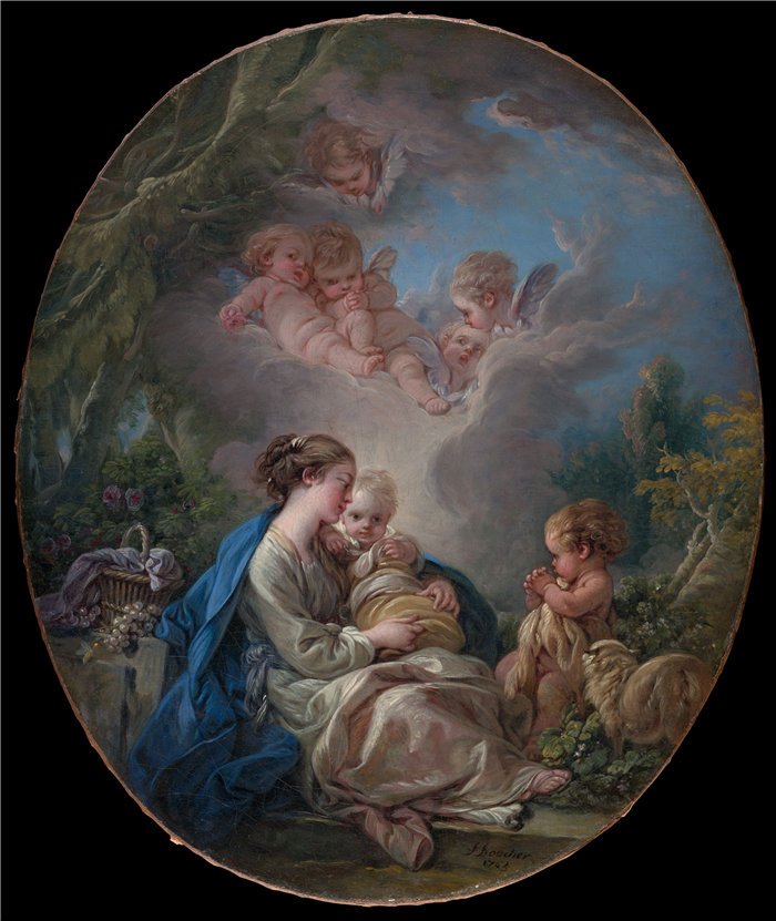 弗朗索瓦·布歇（François Boucher，法国）-圣母子与年轻的施洗约翰和天使油画