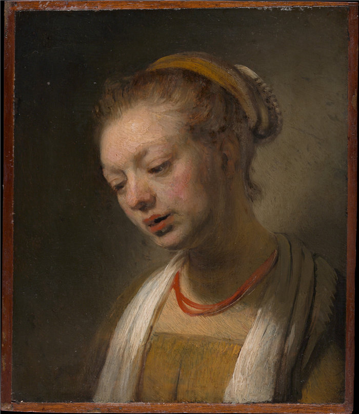伦勃朗风格（Rembrandt）-戴着红色项链的年轻女子油画