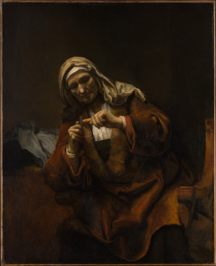 伦勃朗风格（Rembrandt）-剪指甲的老妇人油画