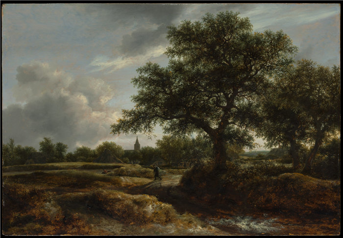 梅德特（Meindert Hobbema）高清作品-远处有村庄的风景 荷兰油画