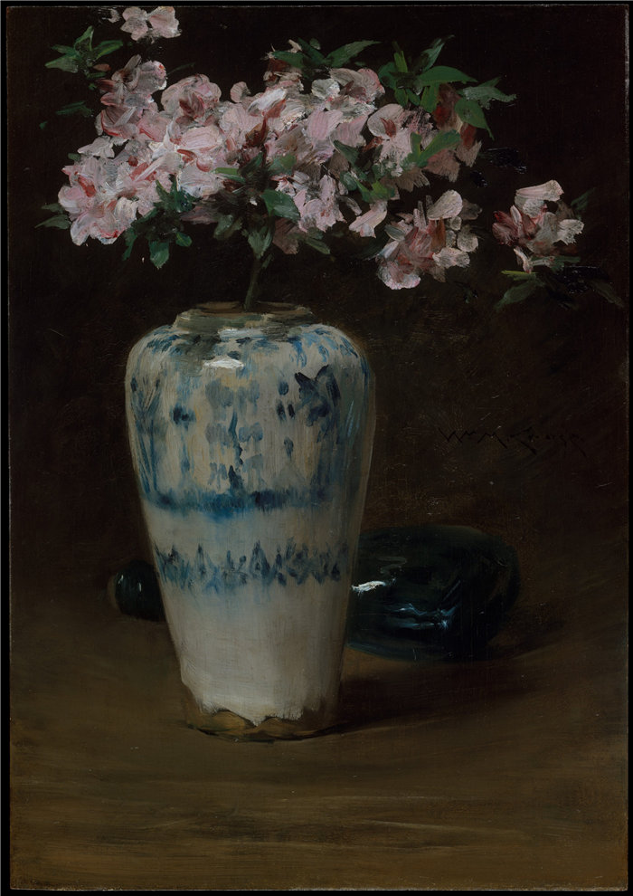 威廉·梅里特·蔡斯（William Merritt Chase）-粉红杜鹃花——中国花瓶油画 美国