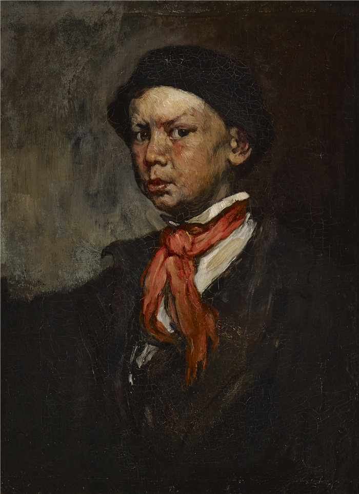 约瑟夫·弗兰克·库里尔（Joseph Frank Currier，美国，1843-1909 年）-吹口哨的男孩油画