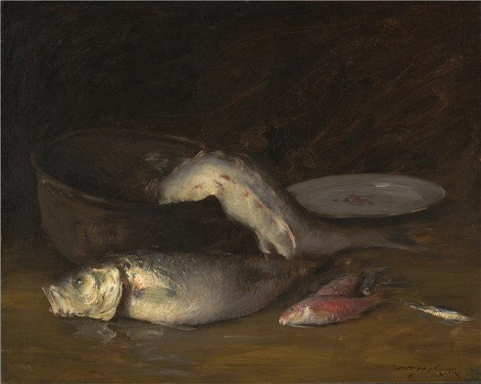 威廉·梅里特·蔡斯（William Merritt Chase，美国人，1849-1916 年）-大铜壶和鱼（鱼）油画