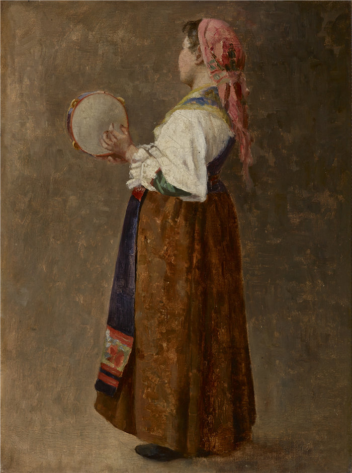 Margaret A. Rudisill(美国人,约 1844-1933 年)-铃鼓女孩油画