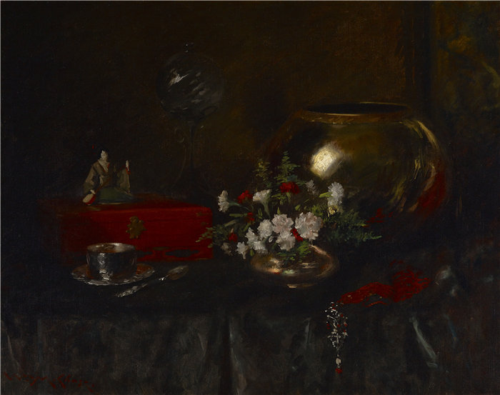 威廉·梅里特·蔡斯(William Merritt Chase,美国人,1849-1916 年)-静物(黄铜碗)油画