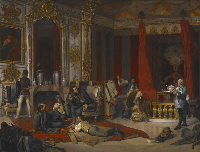 约瑟夫·蒙施（Josef Munsch，奥地利，1832-1896 年）-皇宫中的军事露营地油画