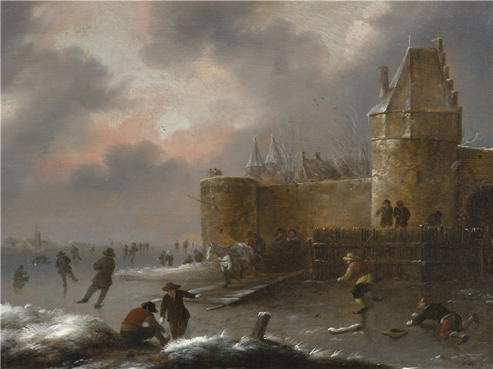 Klaes Molenaer(荷兰,活跃于 1630-1676 年之前)-与滑冰者的冬季景观油画