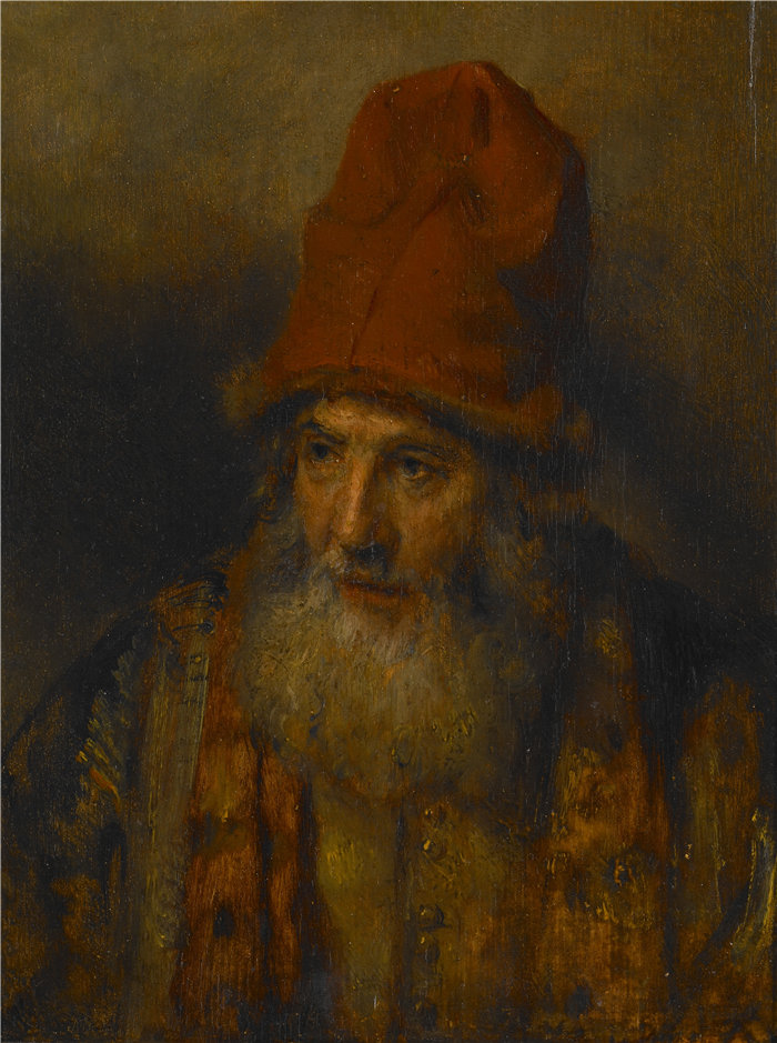 伦勃朗·范·瑞恩，Rembrandt van Rijn（荷兰，1606-1669）的追随者-戴高大毛边帽的老人油画