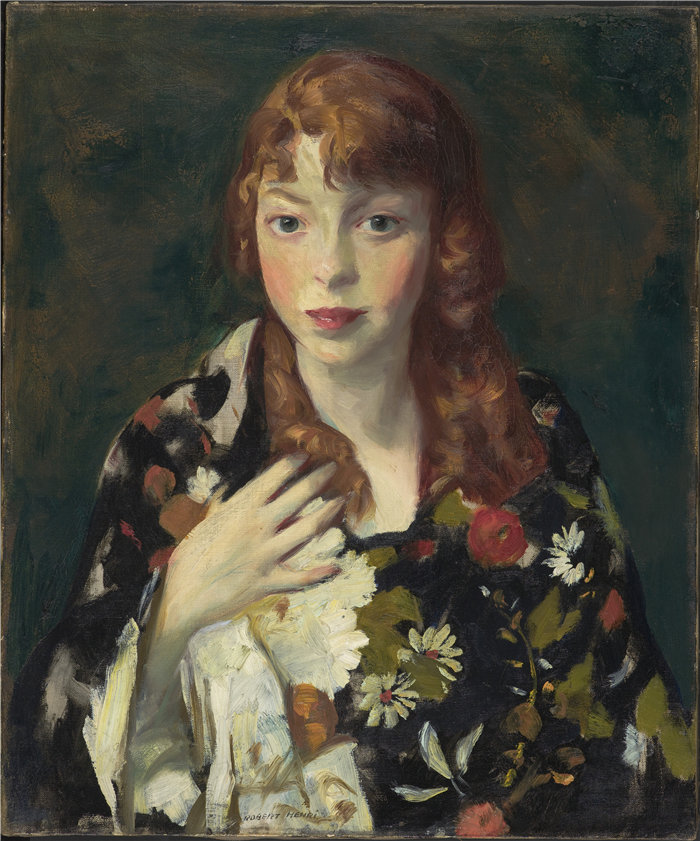 罗伯特·亨利（Robert Henri ，美国，1865-1929 年）-埃德娜·史密斯 (Edna Smith) 身着日式裹身裙油画