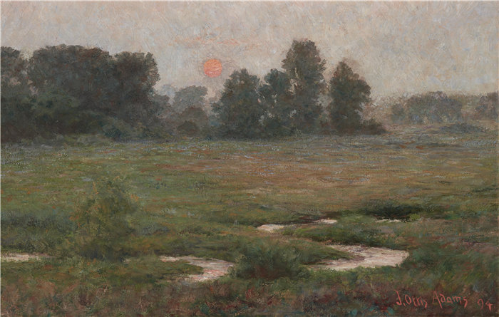 约翰·奥蒂斯·亚当斯(John Ottis Adams,美国人,1851-1927 年)-八月的日落 - 草原戴尔油画