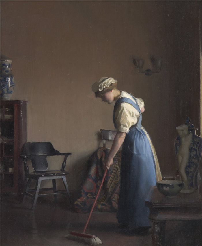 威廉·麦格雷戈·帕克斯顿（William McGregor Paxton ，美国人，1869-1941 年）-女孩扫地油画