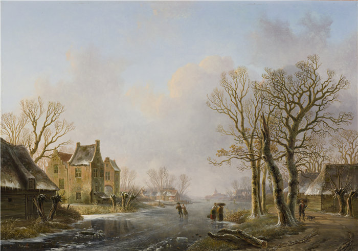 威廉·德克勒克(Willem de Klerk ,荷兰人,1800-1876 年)-多德雷赫特冰冻河上的滑冰者油画