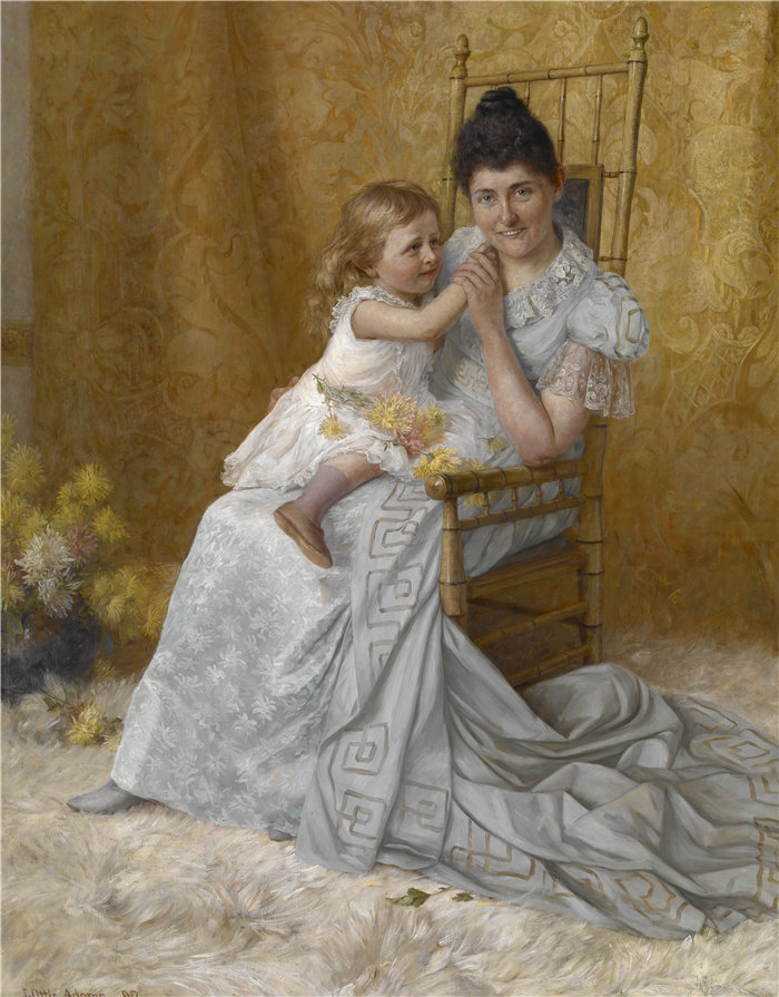 约翰·奥蒂斯·亚当斯(John Ottis Adams,美国人,1851-1927 年)-Martha Wysor Marsh 和儿子 John Edwin 的肖像油画