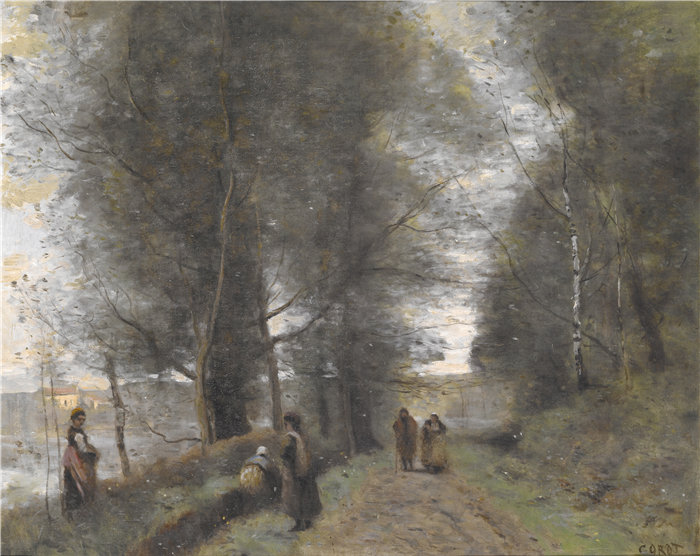 让·巴蒂斯特·卡米尔·柯罗（Jean-Baptiste-Camille，法国，1796-1875 年）-Ville d'Avray，与池塘接壤的林地小径油画