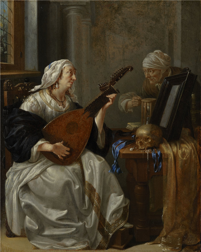 雅各布鸭（Jacob Duck ，荷兰，约 1600-1667 年）-女人玩 Theorbo油画