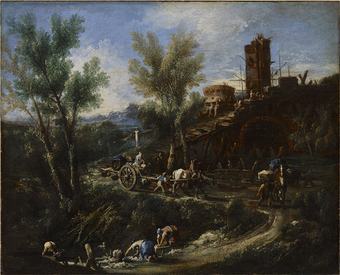亚历山德罗·马格纳斯科（Alessandro Magnasco,意大利人，1667-1749 年）-吉普赛人和洗衣妇的风景油画