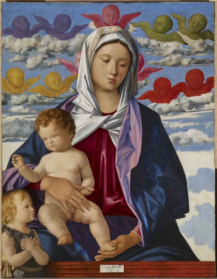 乔凡尼·贝里尼 (Giovanni Bellini) 的工作室（意大利，1430-1516 年）-麦当娜和孩子与施洗者圣约翰油画