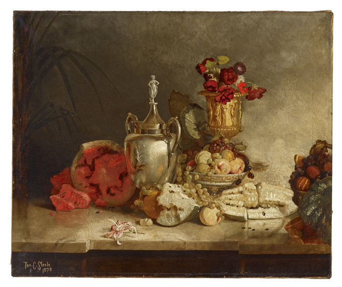 西奥多·克莱门特·斯蒂尔（Theodore Clement Steele，美国，1847-1926 年）-水果和瓮的静物油画