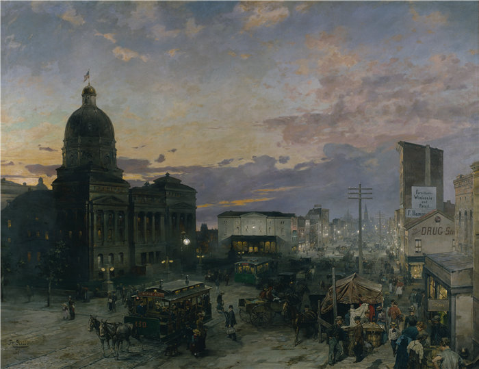西奥多·格罗尔(Theodor Groll ,德国人,1857-1913 年)-华盛顿街,黄昏的印第安纳波利斯油画