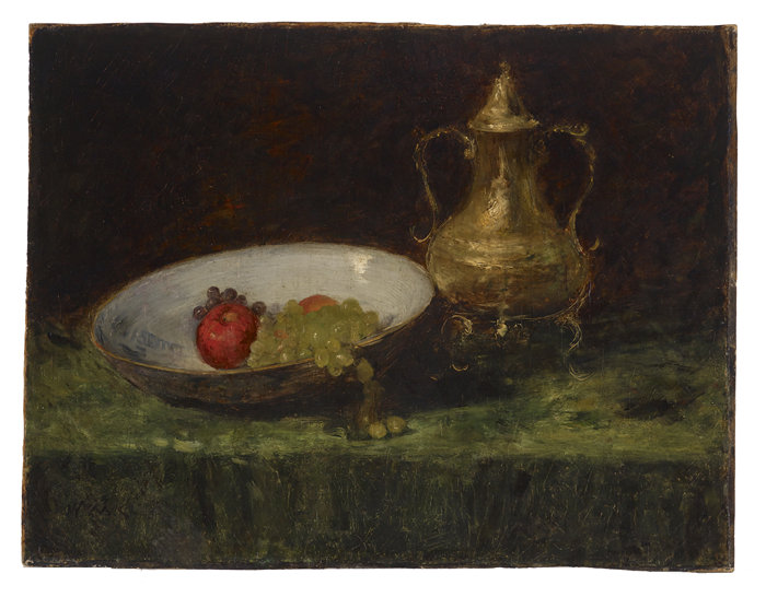 威廉·梅里特·蔡斯（William Merritt Chase，美国人，1849-1916 年）-静物（水果和铜锅）油画