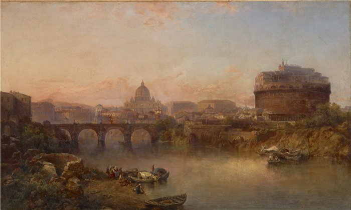 乔治·洛林·布朗（George Loring Brown，美国，1814-1889 年）-罗马台伯河的日落油画
