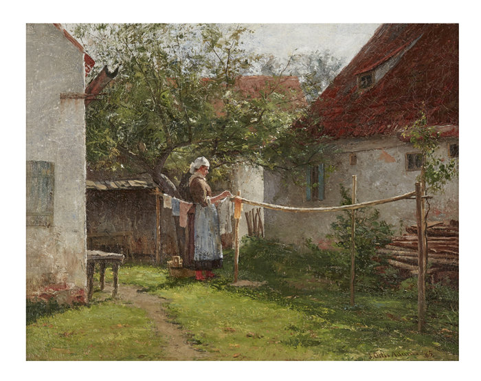 约翰·奥蒂斯·亚当斯(John Ottis Adams,美国人,1851-1927 年)-洗涤日,巴伐利油画亚