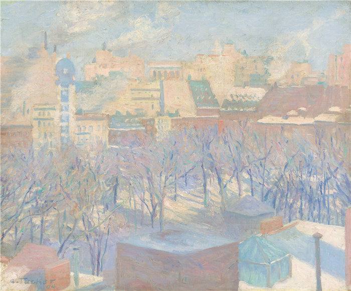 艾伦·塔克（Allen Tucker）-麦迪逊广场，雪， 1924年油画