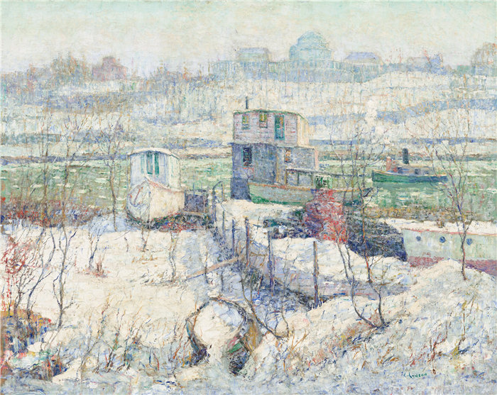 欧内斯特·劳森（Ernest Lawson）-船库，冬天，哈莱姆河油画ip